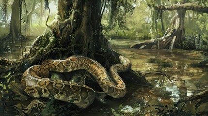 Wall Mural - A large snake rests on a tree trunk in a swampy forest