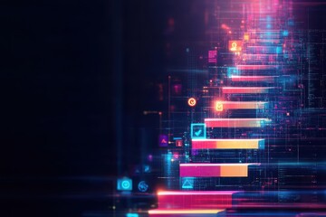 Poster - Augmented reality success stairs, vibrant holograms, techinspired climb, digital progress icons