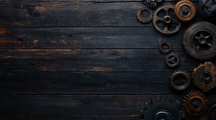 Rustic wooden background with gears and cogs for steampunk design or industrial concept.