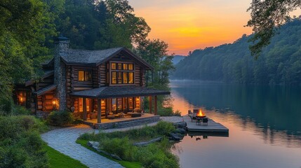 Poster - A log cabin with a dock and a fire pit on the shore of a lake