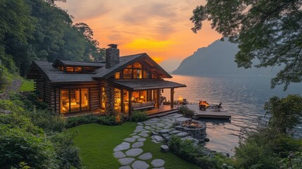 Poster - A house with a porch overlooking a lake