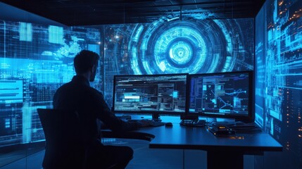 Poster - Futuristic data analysis environment with glowing screens and digital interface