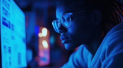 Poster - Focused individual working on computer in blue lighting, glasses, technology