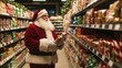 © Postproduction - Santa Claus shopping for Christmas gifts in supermarket aisle with holiday merchandise