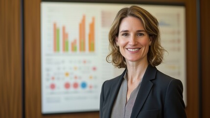 Poster - Businesswoman smiling in front of data charts, professional attire, office setting