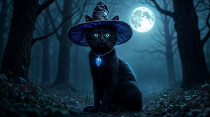 A black cat with glowing blue eyes and a glowing gem-adorned witch’s hat sits calmly in an enchanted forest under the full moon, bathed in an ethereal blue light. generative, ai