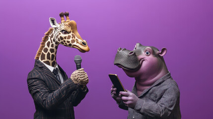 Giraffe in a suit interviewing a hippo in casual wear on a vibrant purple background. Creative social media vs traditional media concept. Ample copy space for messaging.