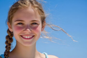 Radiant smile of young girl with braided hair blue sky background