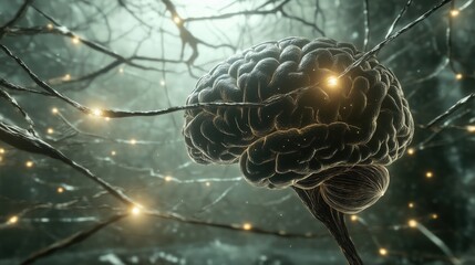 Poster - brain illuminated by glowing connections in dark forest setting