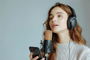 A woman wearing headphones and holding a phone in her hand is singing in front of a microphone, practicing singing