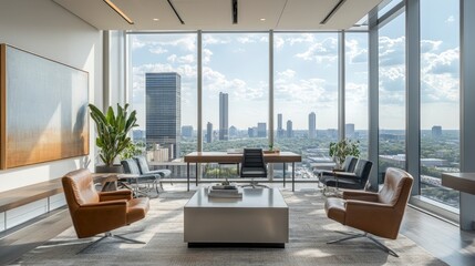 A contemporary downtown office with floor-to-ceiling windows offering panoramic views of the city. A team of creatives collaborates on a project, surrounded by sleek furniture, contemporary art, and