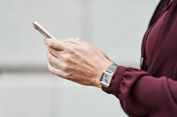 Aufkleber - Company, research and person with phone by building for networking, internet and online news update. Office, worker and employee with technology at business for email, information or digital feedback