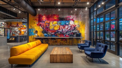 A modern downtown coworking space with a creative twist, featuring vibrant murals, industrial lighting, and an open layout. Entrepreneurs, artists, and tech professionals share ideas and work on