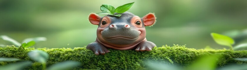 Adorable baby hippo resting on moss with a small leaf on its head surrounded by nature cartoon style and charming expression