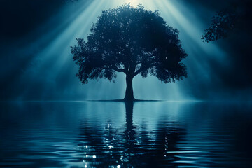 Wall Mural - Silhouetted Tree Stands Tall in a Mystical Moonlight Lake, Casting a Reflection on the Still Water, Surrounded by Fog and the Glow of the Moon's Light.