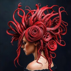 A woman with red hair styled like an octopus tentacle.