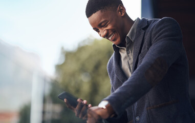 Poster - Man, phone and laughing for conversation on balcony, black person and networking client in office. Male person, professional lawyer and discussion on legal case, attorney and chat to business contact