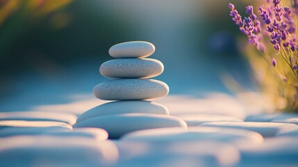 A stack of four smooth white stones, symbolizing balance and mindfulness, sits amidst a field of white stones with purple lavender in the background.