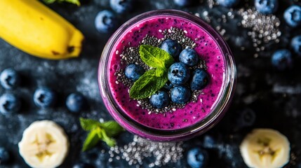 Wall Mural - Vibrant Blueberry Smoothie from Top View