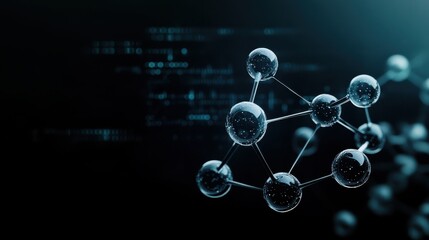 Aufkleber - Abstract depiction of drug design, with floating molecular structures surrounded by code and digital chemical equations on a deep black background 