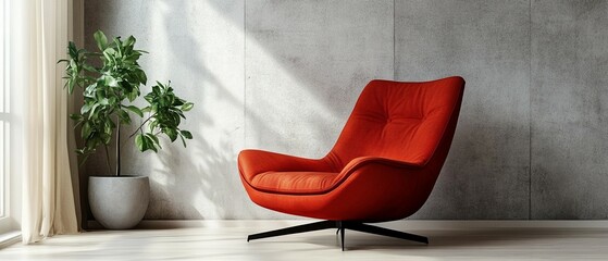 A modern living room featuring a striking red chair with a large window, a concrete wall and a potted plant in a minimalist Scandinavian design.