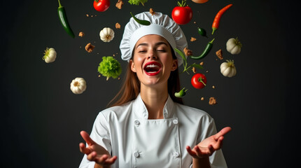 Wall Mural - A chef wearing a white uniform and hat smiles joyfully as she tosses a variety of fresh vegetables into the air, showcasing her culinary passion and creativity in a lively kitchen atmosphere