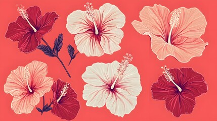 Naklejka na meble A Colorful Arrangement of Hibiscus Flowers on a Coral Background
