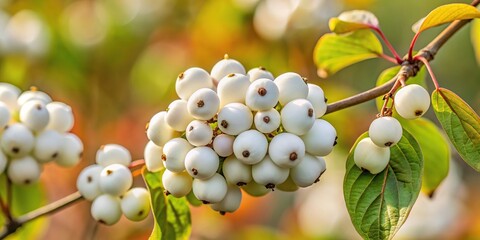 Close-up of white berries on Cornus Alba Sibirica bush