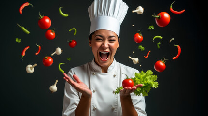 Wall Mural - a chef passionately engages with fresh ingredients, laughing and tossing vegetables and herbs into t