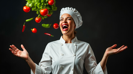 Wall Mural - a cheerful chef in a white uniform playfully tosses vibrant tomatoes and peppers, exuding excitement