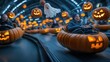 © AnuStudio - Halloween-themed amusement ride with pumpkins and ghost decorations.