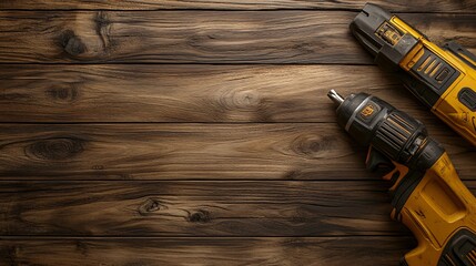 Two yellow and black electric drills on brown wooden background.