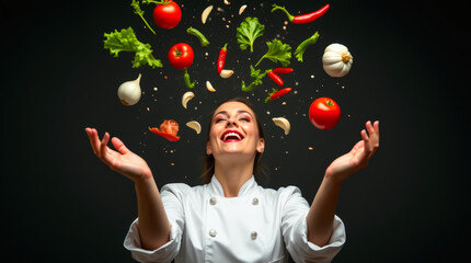 Wall Mural - the chef, with a beaming smile, throws a variety of fresh vegetables into the air in a culinary sett