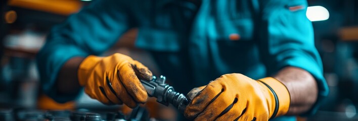 Two mechanics are working on a car engine. One of them is holding a tool that looks like a screwdriver. Mechanic fixing a car engine in a garage, symbolizing automotive repair occupations