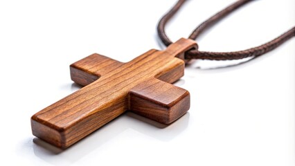 Close-up of wooden cross necklace isolated on white background