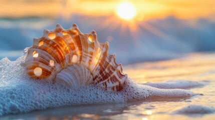 Wall Mural - Seashell at Sunrise Beach Scene