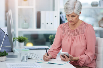 Aufkleber - Woman, writing or phone in office for planning, schedule or calendar update in app for business. Mature assistant, mobile or book at desk for appointment management, company research or communication