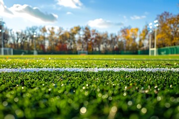 Soccer field with green grass and white stripe