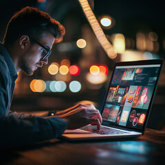  A man works on his laptop at night, the screen displaying various types of web UI design and graphic design with bright colors. The blurred city lights in the background 