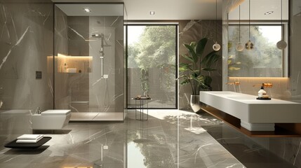 Canvas Print - Modern Bathroom with Shower, Sink, and Large Window