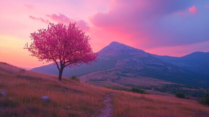 Canvas Print - Solitary Blossom Tree at Sunset