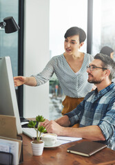 Poster - Business, people and assistant with pointing at computer for helping with company database and files upload on system. Professional, manager or talking to data entry clerk for administration feedback