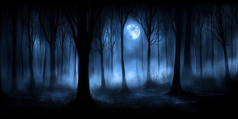 A full moon shines over a dark forest.