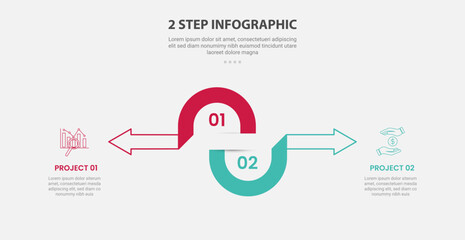 2 points template infographic outline style with 2 point stage or step comparison template with half circle and arrow opposite direction for slide presentation