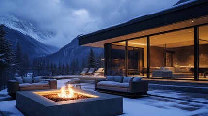 Poster - A large house with a fireplace and a patio with a fire pit