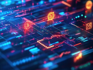 Poster - a futuristic path to success in the digital economy background, featuring digital currency icons, te