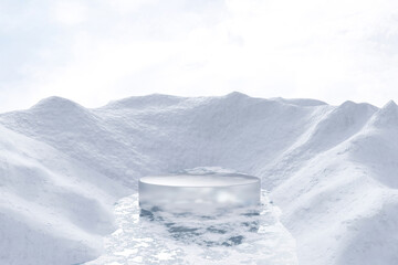 Wall Mural - 3d render platform background and empty round stage, ice podium on the frozen lake with ice snow mou