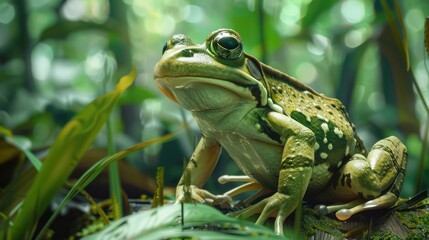 Wall Mural - A Green Frog With White Spots Sitting Amongst Lush Foliage