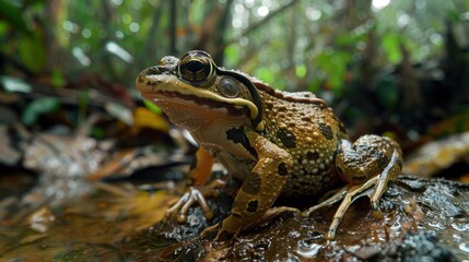 Wall Mural - Close-up of a Brown and Green Frog Sitting on a Rock Near Water