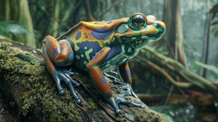 Wall Mural - Vibrant Green and Orange Frog Perched on a Branch in a Tropical Rainforest